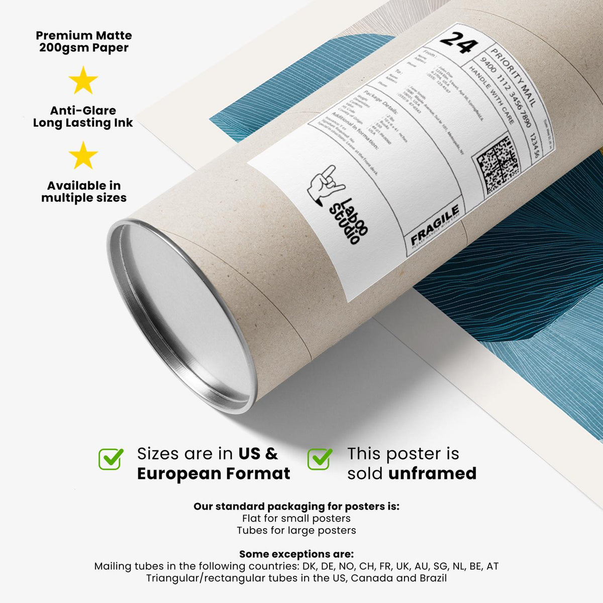 Rolled print with packaging tube showing blue and gold leaves artwork
