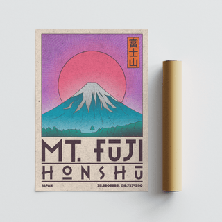 Mt Fuji art print with purple and pink sky and rolled packaging tube beside it