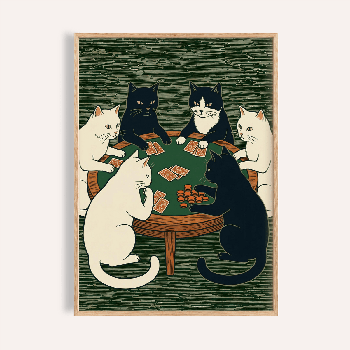 Cat Poker Art Print with Green, Black, and White colors for living room wall art