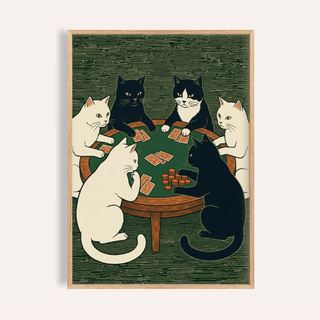 Cat Poker Art Print with Green, Black, and White colors for living room wall art