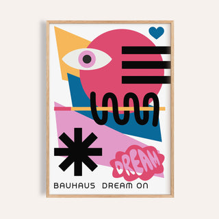Framed Maximalist wall art with abstract eye and colourful geometric shapes