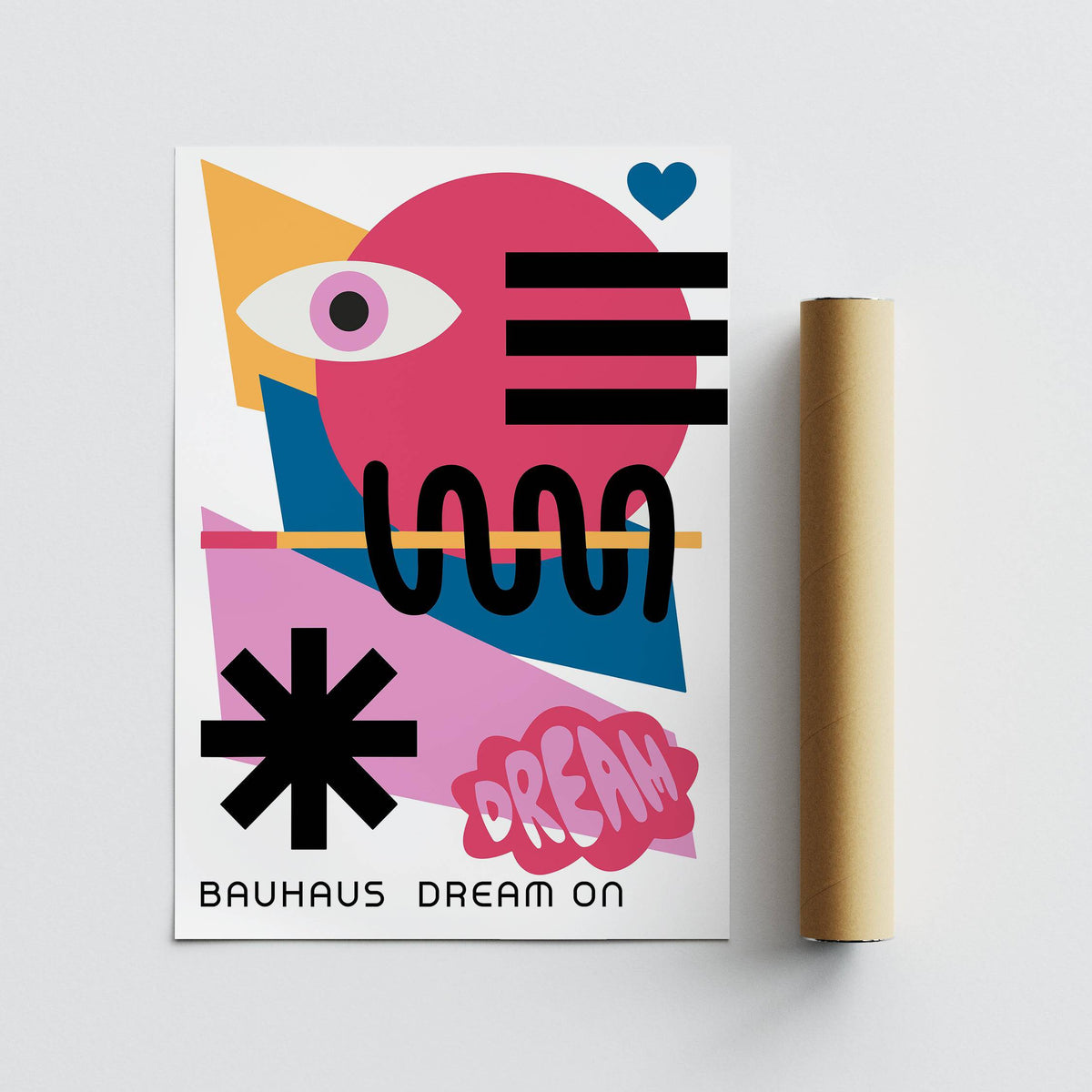 Maximalist Wall Art colourful abstract eye and geometric shapes next to packaging tube