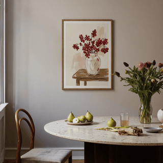 Red Berries Poster framed print with red berries in a clear vase above a dining table with pears on a plate