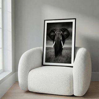 Print leaning on an armchair of a black and white elephant with large tusks in the grass