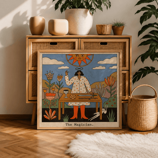 Print leaning on rattan cabinet of Tarot Magician wall art with abstract folk style in a living space