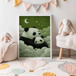 Print leaning on the floor showing a sleeping panda and cub in green and black in a nursery with soft toys