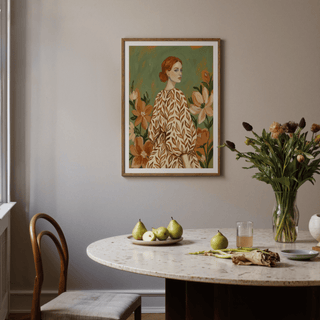 Floral Girl Illustration print of a woman with floral dress in green and orange hues above a dining table