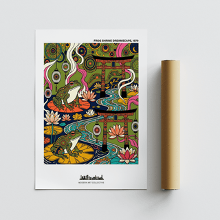 Japanese Frog Art Print lying flat beside a brown packaging tube showing decorated frogs and lilies