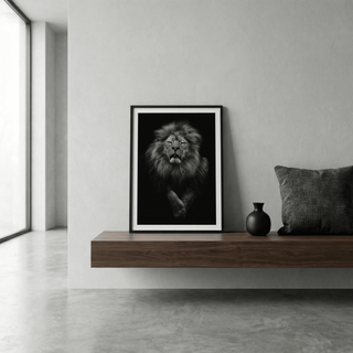 Black Lion Art Print print leaning on a wooden shelf with a black vase and grey cushion in a minimalist room
