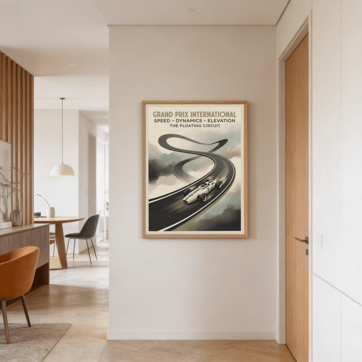 Floating Race Circuit Poster print on a wall in a hallway with door on the right and a dining area visible