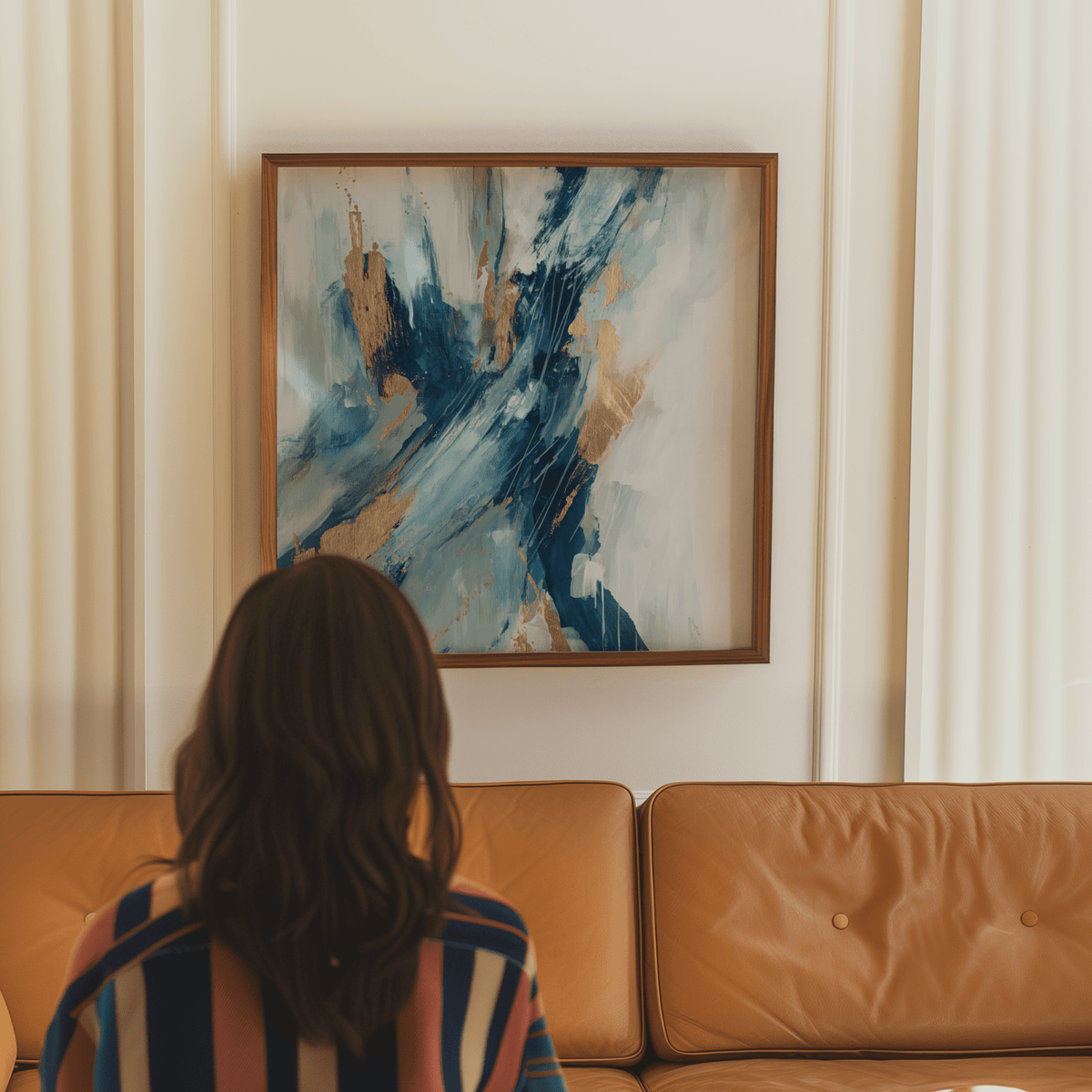 Blue abstract wall art with gold splash in a living room above a tan sofa with cushions