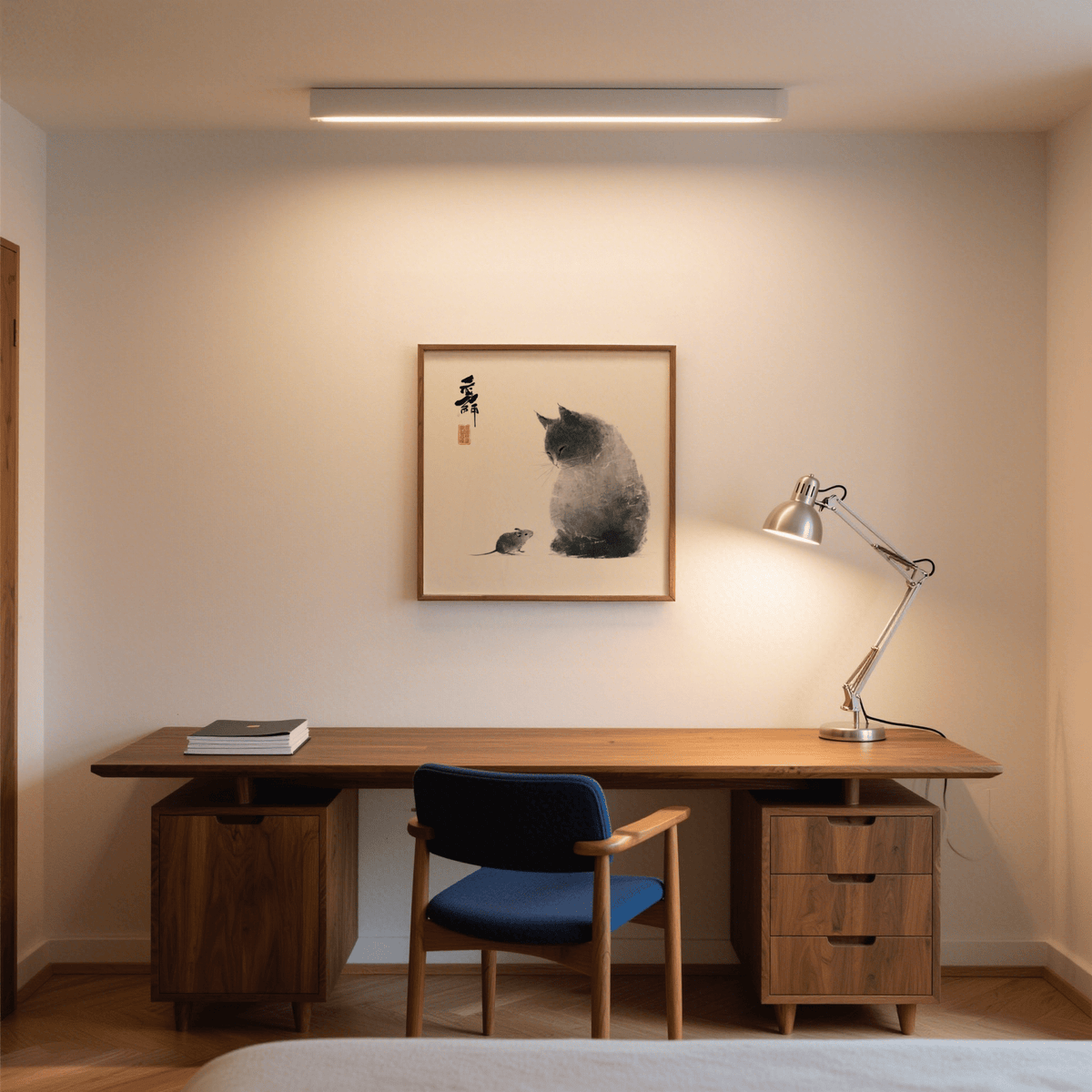 Cat and Mouse wall art in Japanese-ink style above a wooden desk with lamp and blue chair