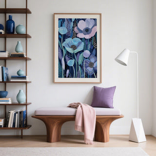 Blue and Purple Art framed print of stylised blue and purple flowers above a wooden bench with a purple cushion