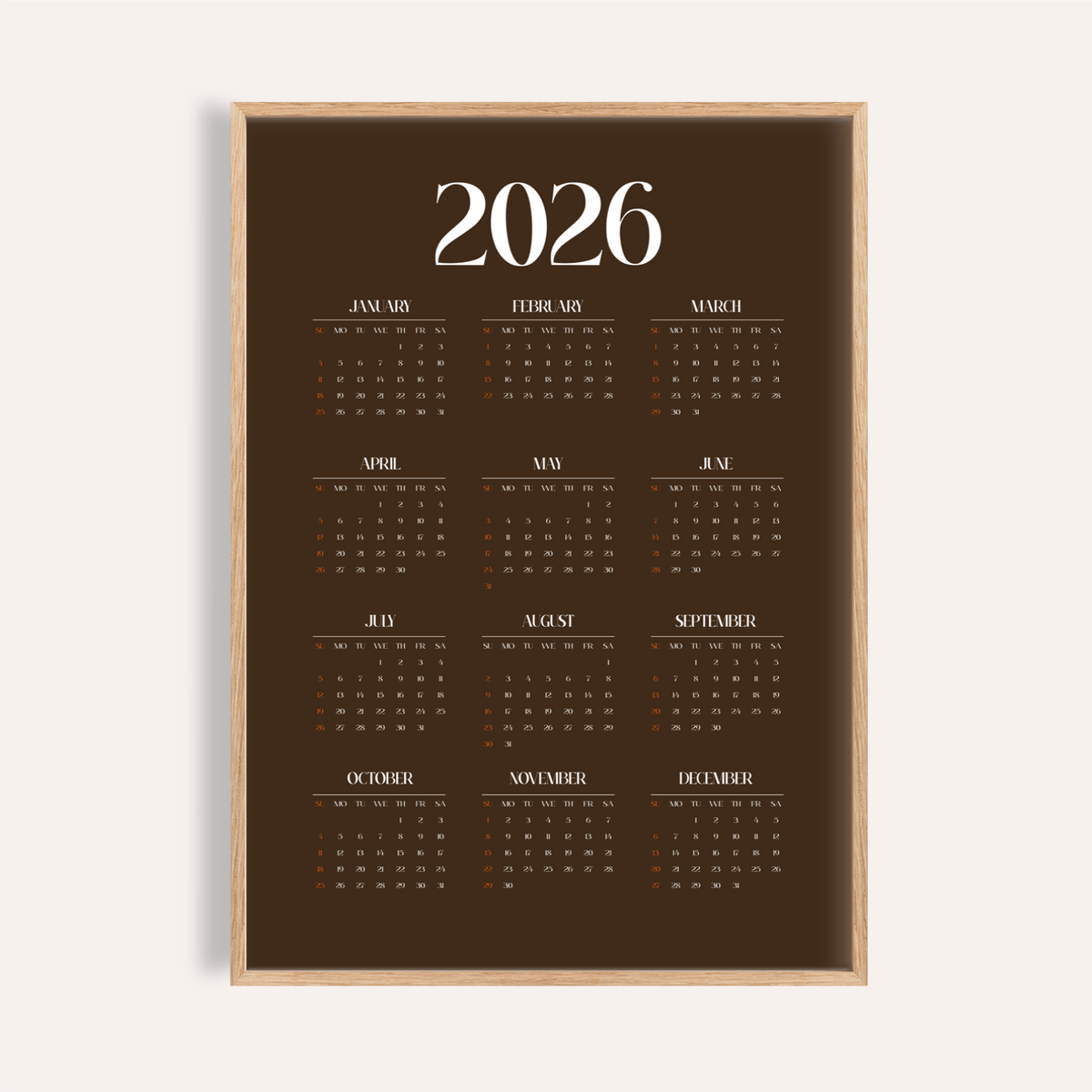 Framed Brown Calendar Print featuring a minimalist 2026 typographic design on brown background