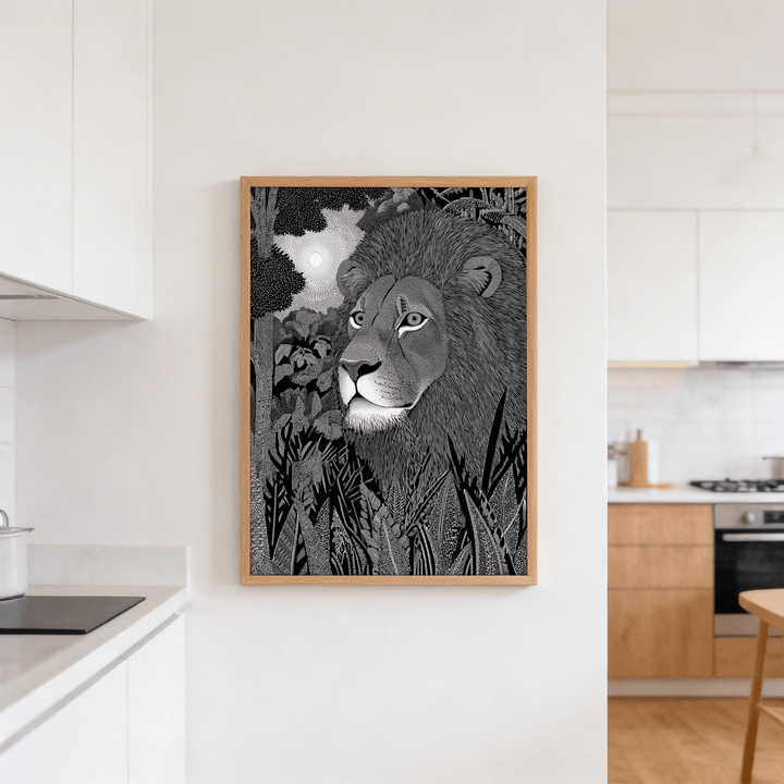 Black Lion wall art of a detailed lion portrait in black and grey hanging in a kitchen