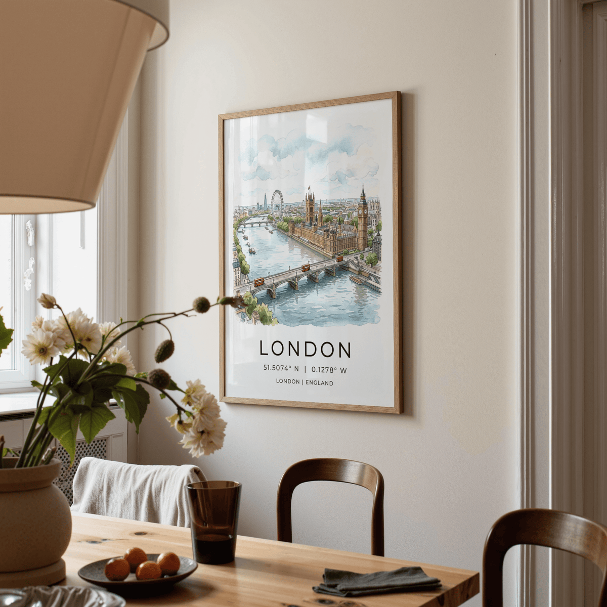 London Cityscape print in a room scene showing Big Ben and River Thames illustration above a wooden dining table