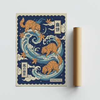Kamaitachi Art print with orange creatures and blue swirling water next to a brown packaging tube