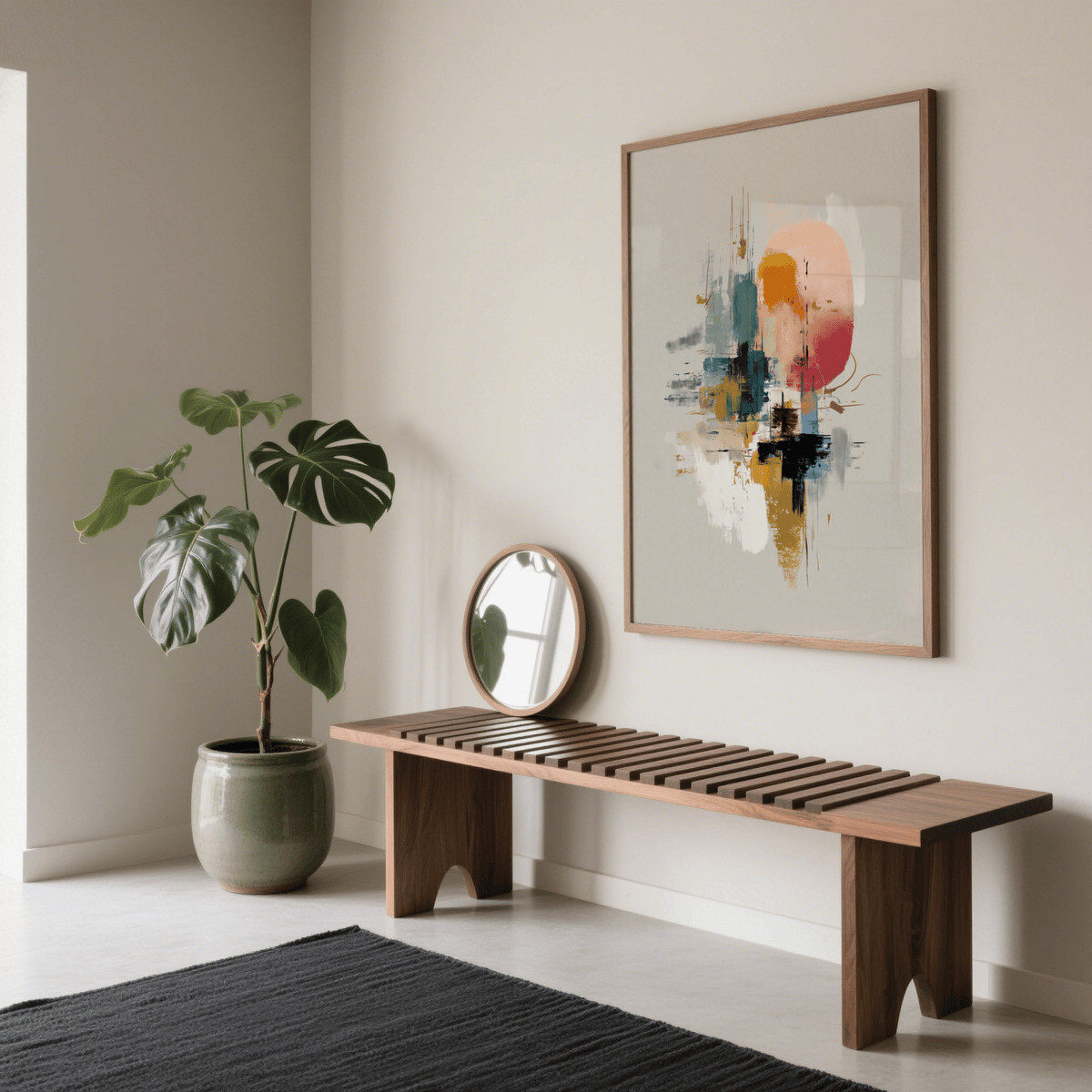 Colorful Poster Print with abstract shapes in warm and cool tones above a wooden bench in a neutral hallway