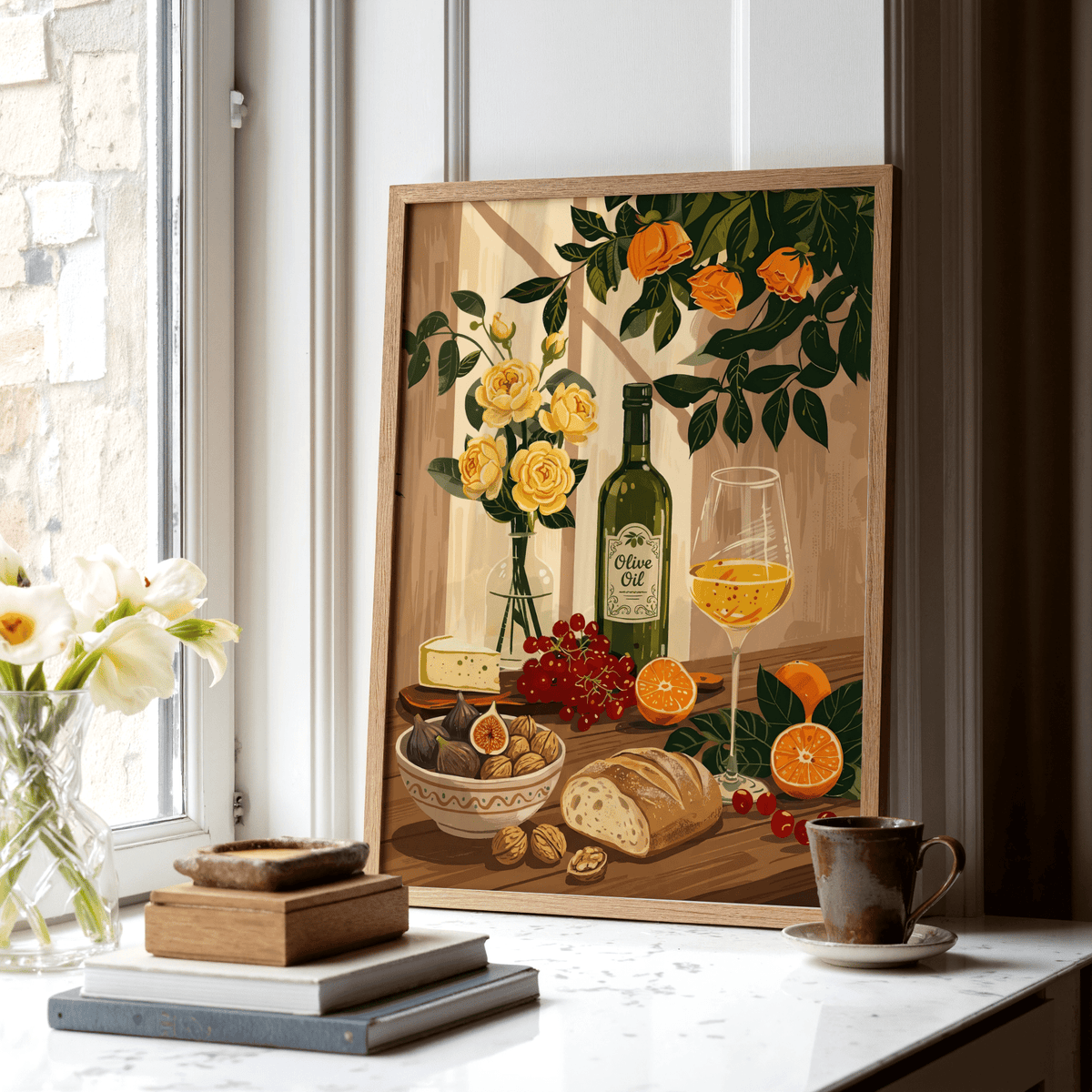 Print leaning on a white windowsill featuring still life kitchen art with bread and orange hues