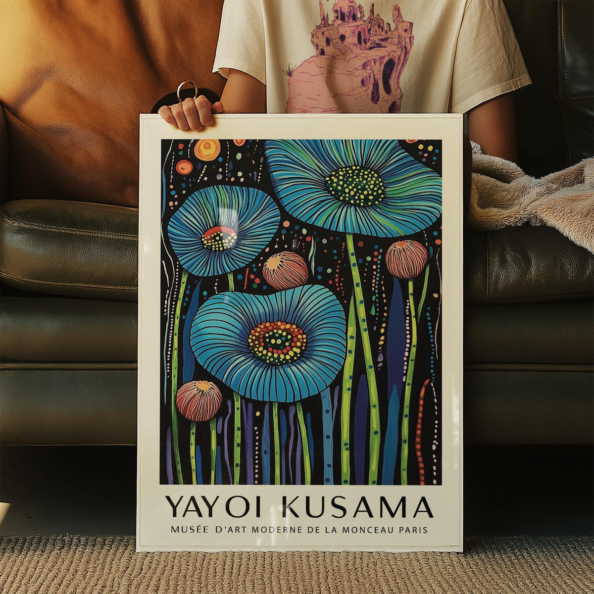 Wall Art Floral with blue and pink poppy flowers and green stems held by a person seated on a leather sofa