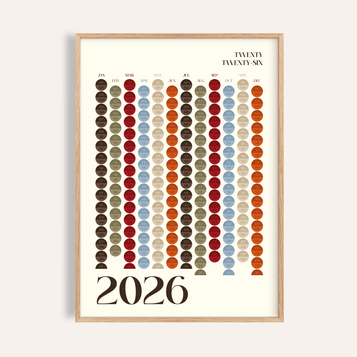 Framed Big Calendar for Wall in a minimalist style with coloured circles for each month in red blue brown and orange