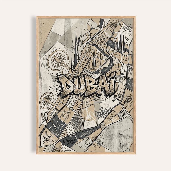Framed print of Dubai street art map graffiti in beige black and grey tones
