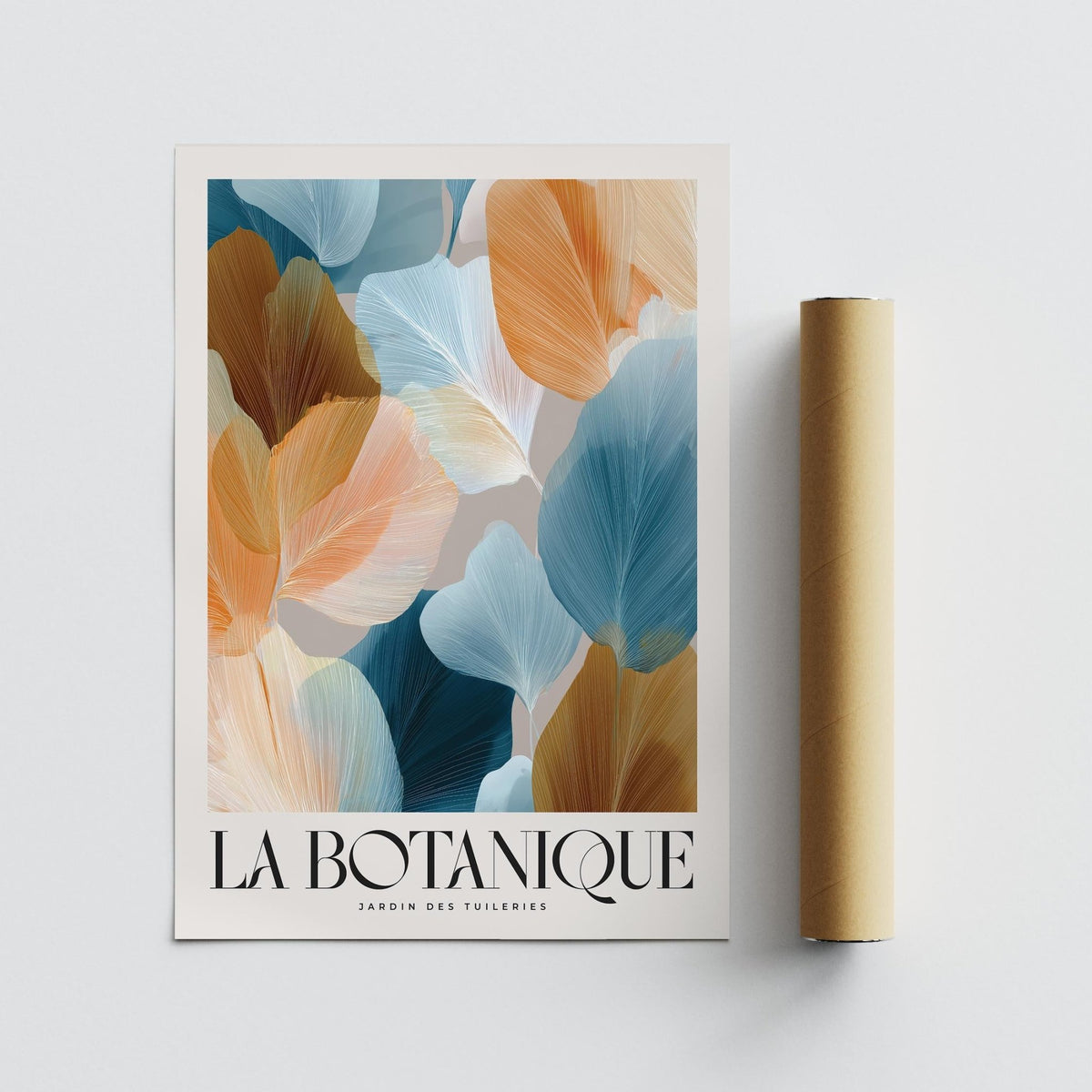 Flower Art for Walls print with abstract botanical leaves in blue and brown tones beside a packaging tube