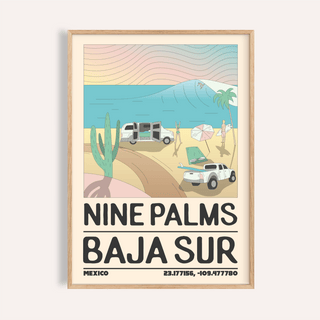 Framed Baja Sur wall art of a minimalist beach scene with waves and palm trees
