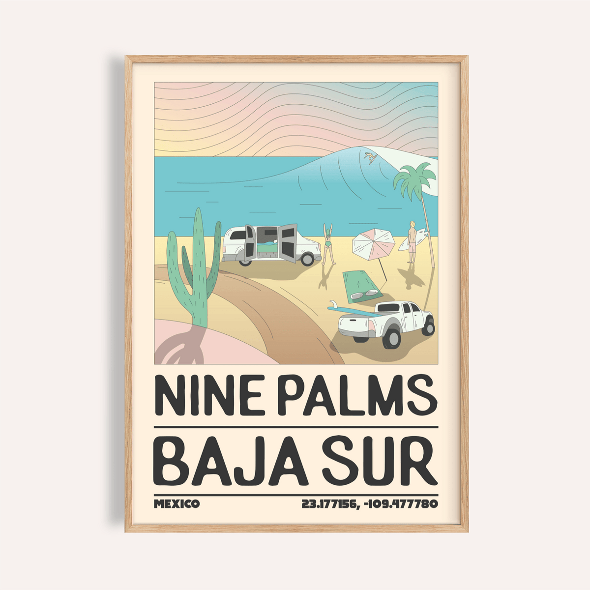 Framed Baja Sur wall art of a minimalist beach scene with waves and palm trees