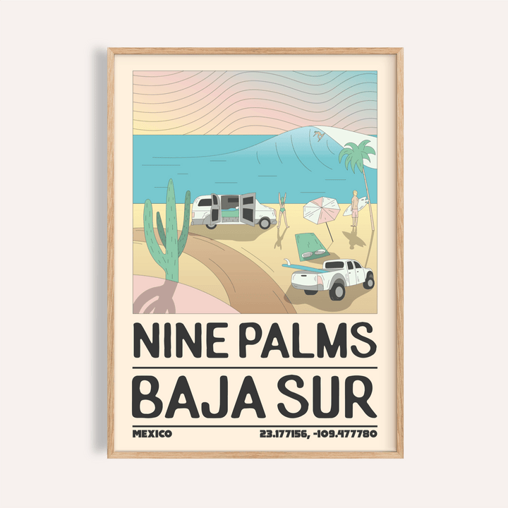 Framed Baja Sur wall art of a minimalist beach scene with waves and palm trees