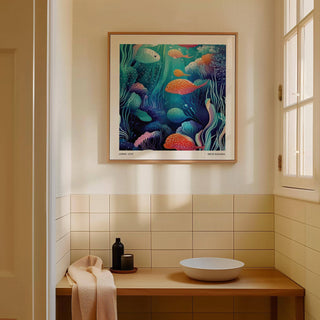 Underwater Artwork print with colourful spotted fish in blue and orange tones above a wooden counter with a towel and bowl
