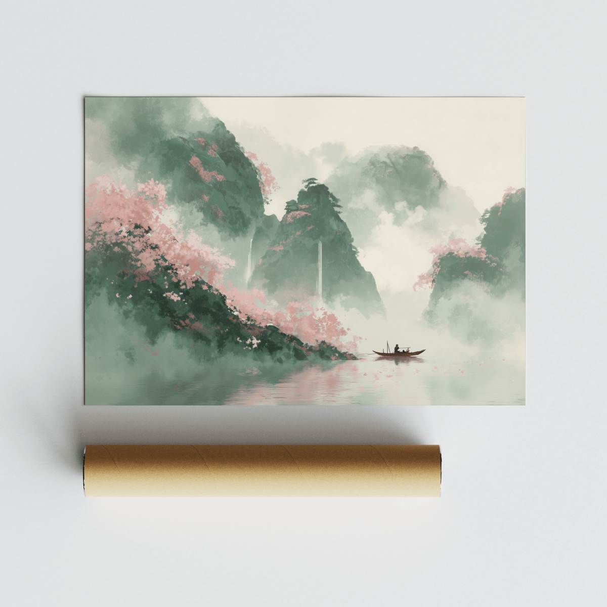 Mountain landscape art print with misty green and pink watercolour scene beside a packaging tube