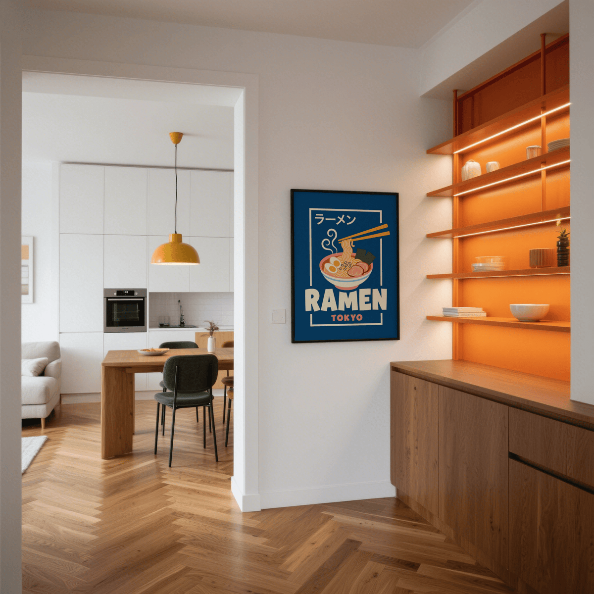 Ramen Poster print on a wall with warm orange shelving and wooden sideboard nearby