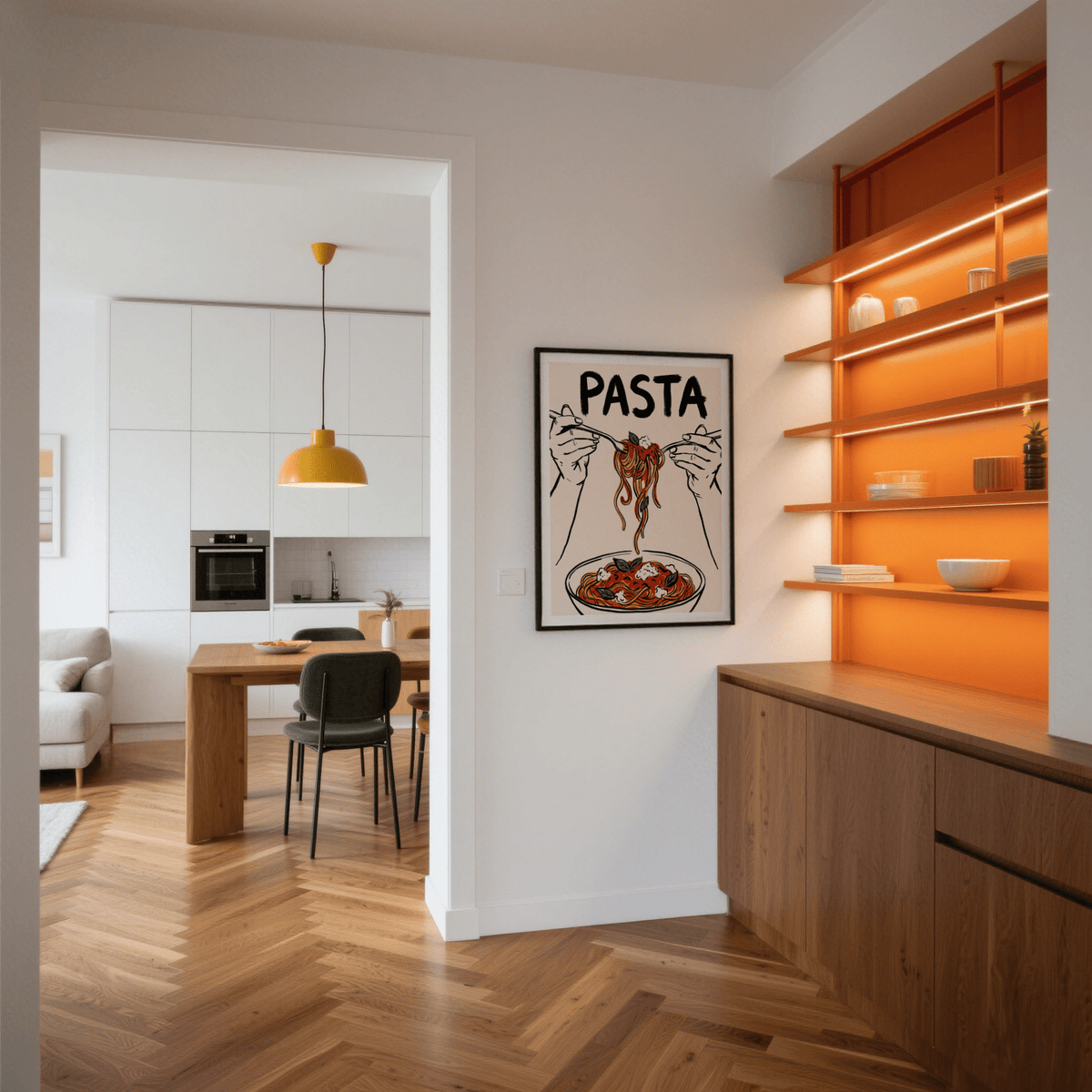 Pasta Art Print on a wall showing spaghetti with tomato sauce in black and red near orange shelves