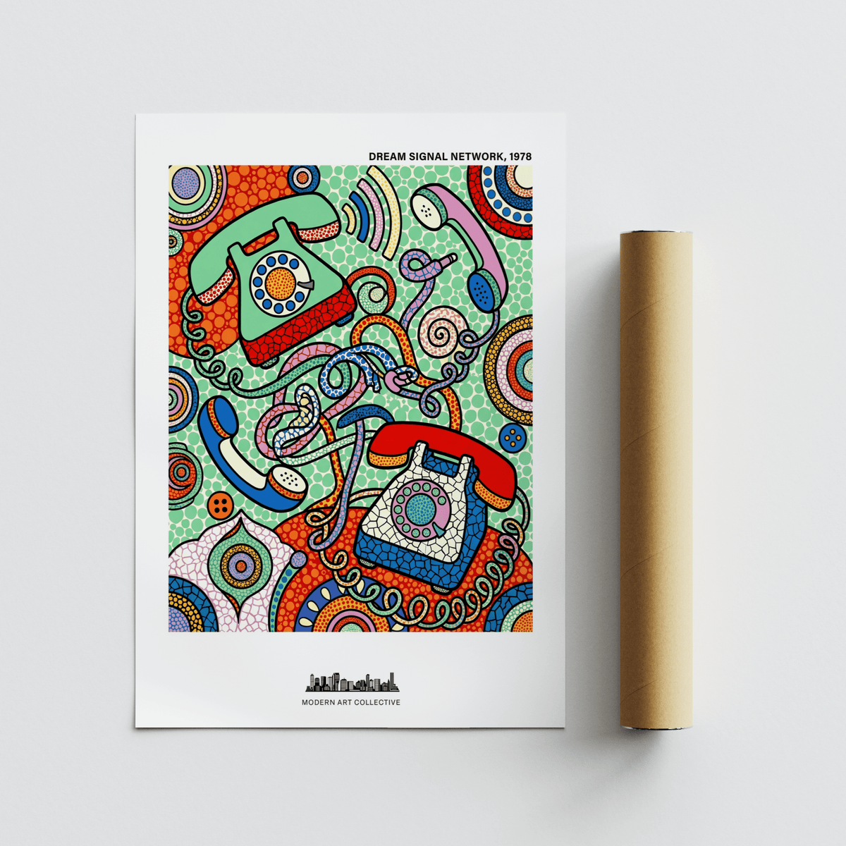 Vintage telephone art print with bright colours and abstract rotary phones beside a packaging tube