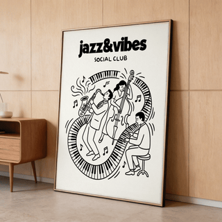 Jazz music wall art leaning with a wooden frame on a floor against a light wood wall near a small cabinet