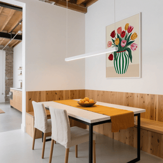 Tulip Art Print on a dining room wall with wooden panel and table with orange runner and bowl