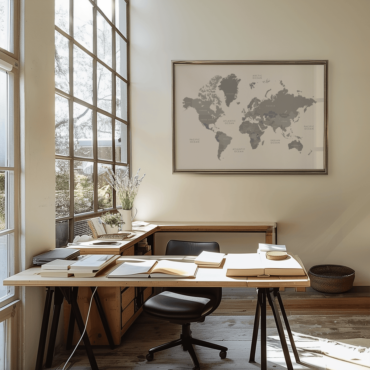 World Map Art print on a wall in a workspace above wooden desk with books and plant