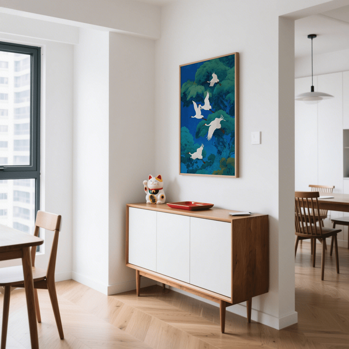 Bird art print of flying white cranes in blue and green Japanese-ink style on a wall above a sideboard