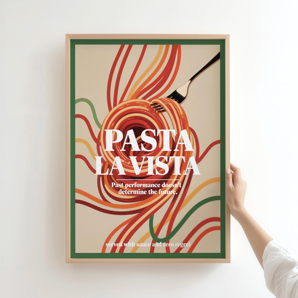 Framed Dining Room Prints of spaghetti pasta wrapped on a fork with red and green lines held by a hand