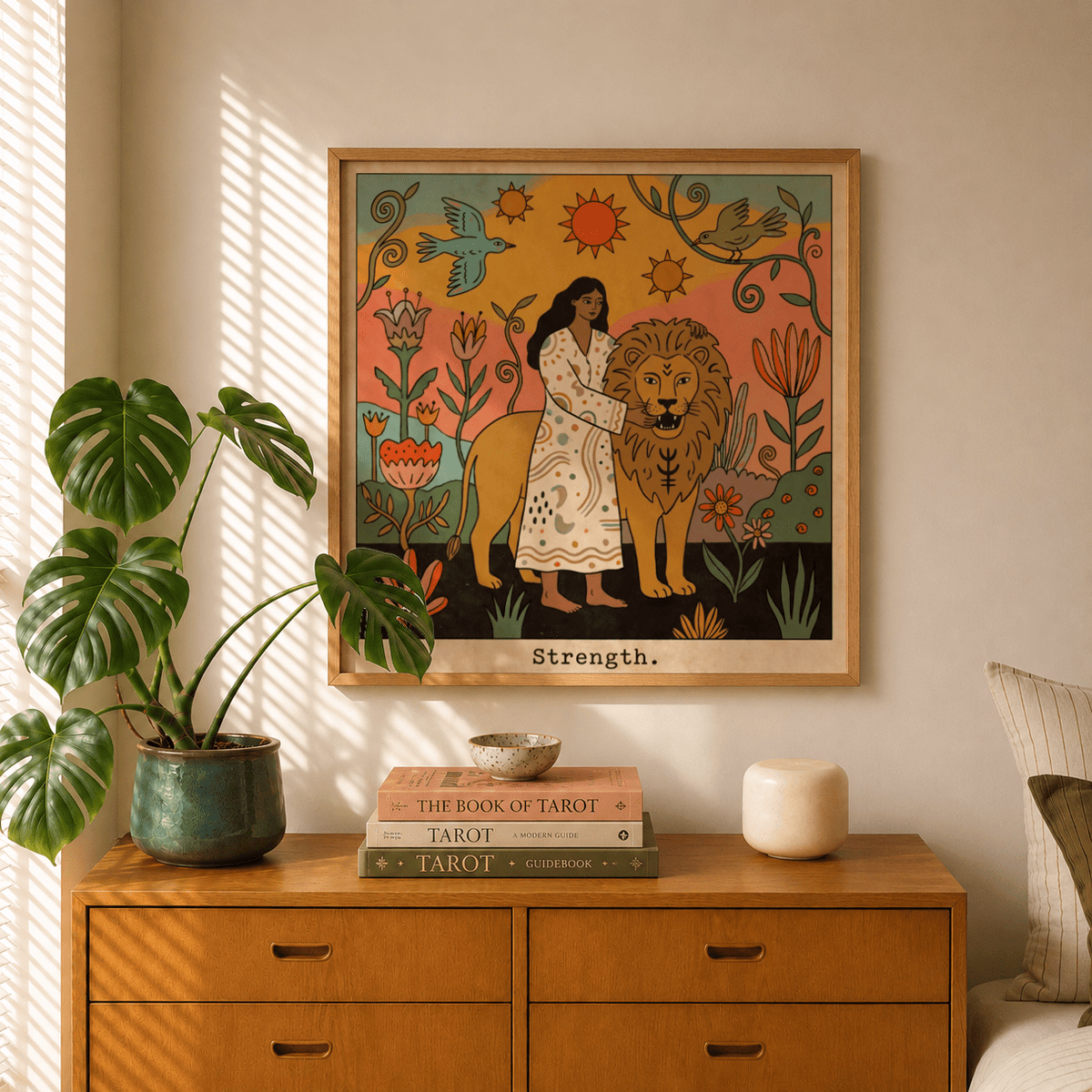 Strength Tarot Card Art print of a woman with a lion in folk style above a wooden sideboard with green plant