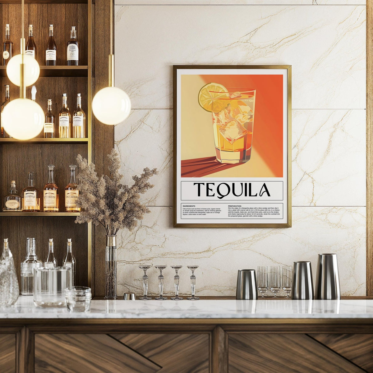 Home Bar Wall Decor print of a tequila cocktail with lime in warm yellow and orange tones in a home bar