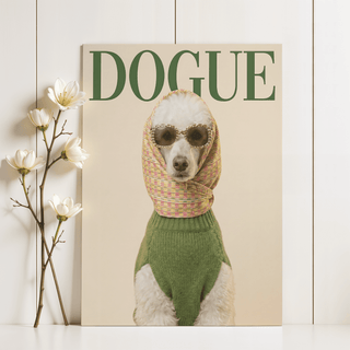 Fashion poodle wall art print leaning on a shelf next to white flowers