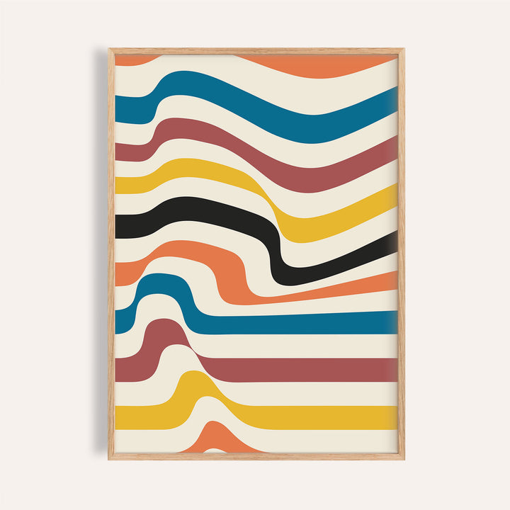 Framed print of wavy colourful stripes in mustard and blue tones