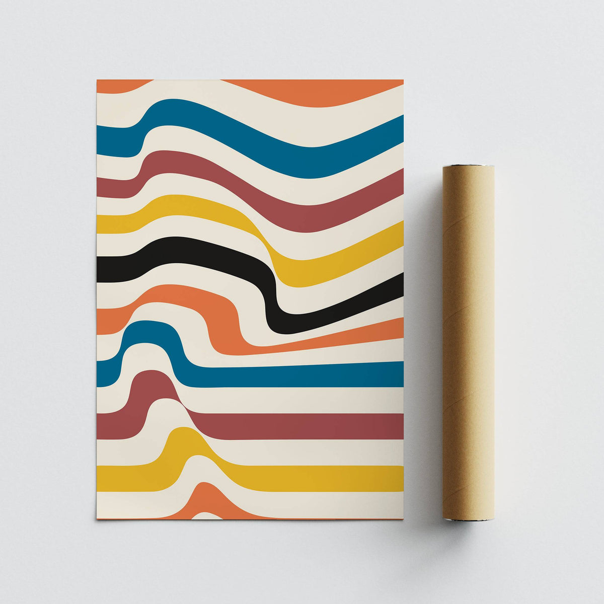 Rolled print with a packaging tube showing wavy colourful stripes in mustard, blue, black and rust