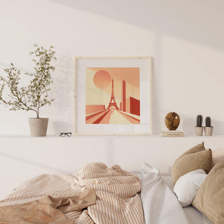 Eiffel Tower Poster Wall Art in minimalist bauhaus style resting on a shelf with plants and cushions nearby in a sunlit room