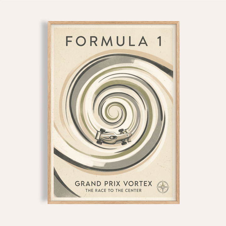 Framed Vortex Race Track Poster with swirling vortex and open-wheel racing car illustration