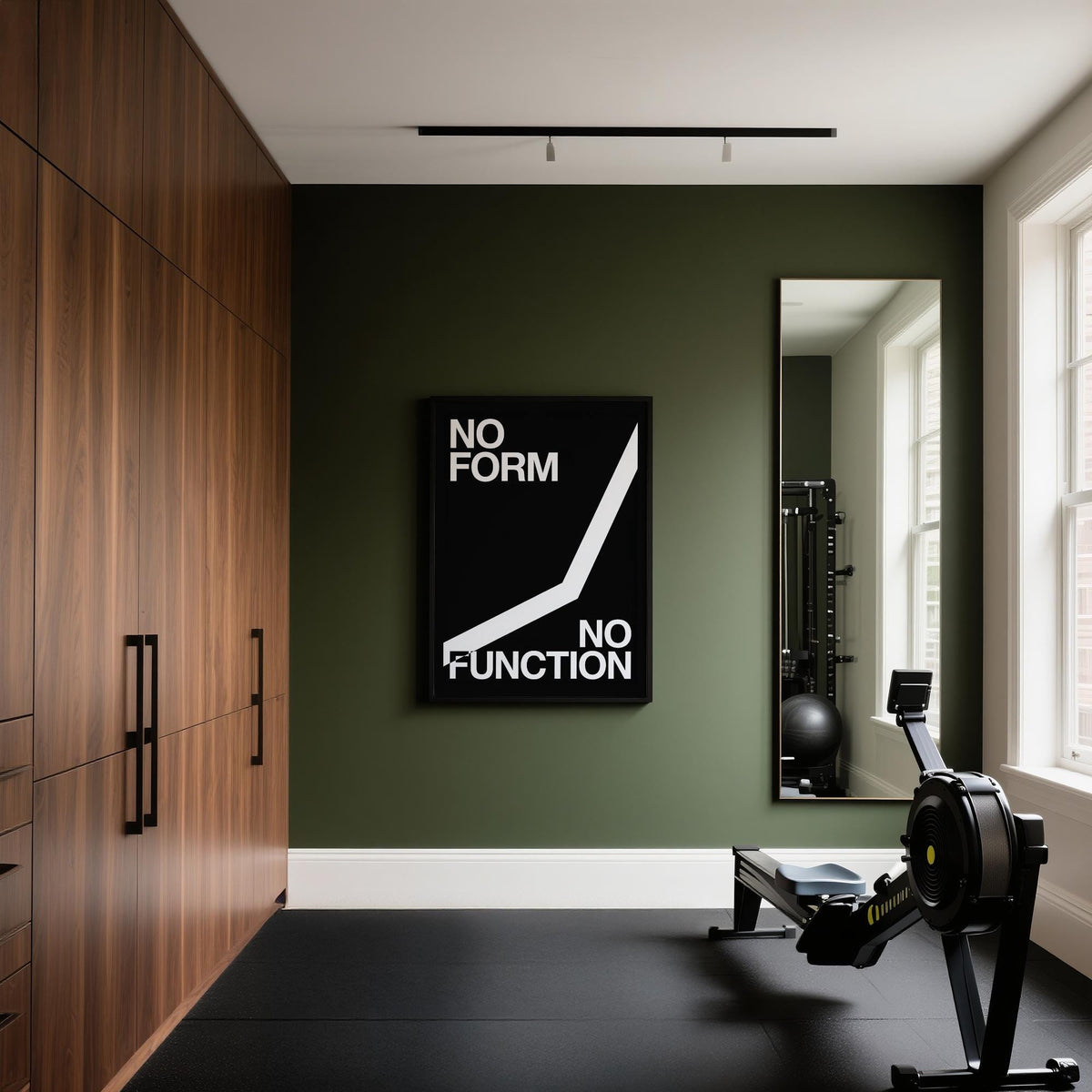 Workout room wall art black and white typographic abstract above a rowing machine
