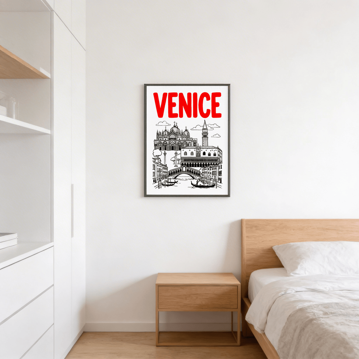 Venice Landmark Art Print line-art illustration with red text in a bedroom above a wooden bedside table