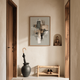 Pink and Gold Abstract Art print on a beige wall with a black umbrella in a vase below